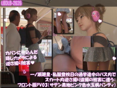 【無料で読める？】一ノ瀬廻里・私服登校日の通学途中のバス内でスカート内逆さ撮り盗撮の被害に遭う:フロント版PV03（サテン黒地ピンク水玉パンティ） 【Libido-Labo】